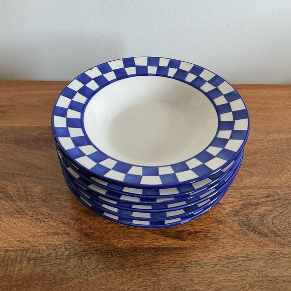 Baum Bros Style Eyes Set of 6 White Blue Check Print Bowls - Picture 1 of 15